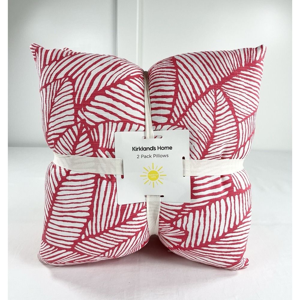 2 New Kirkland's 16" Watermelon Palm Outdoor Throw Pillows Pink Red Tropical